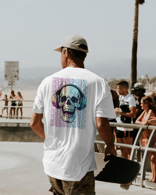 Skeleton Head with Headphones T-Shirt for Men - Edgy Music Lover Tee